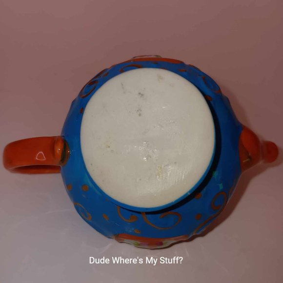 BUTTERFLY TRINKET PORCELAIN HINGED MINI TEAPOT - ABOUT 3" TALL - BLUE & BRICK - Picture 8 of 8